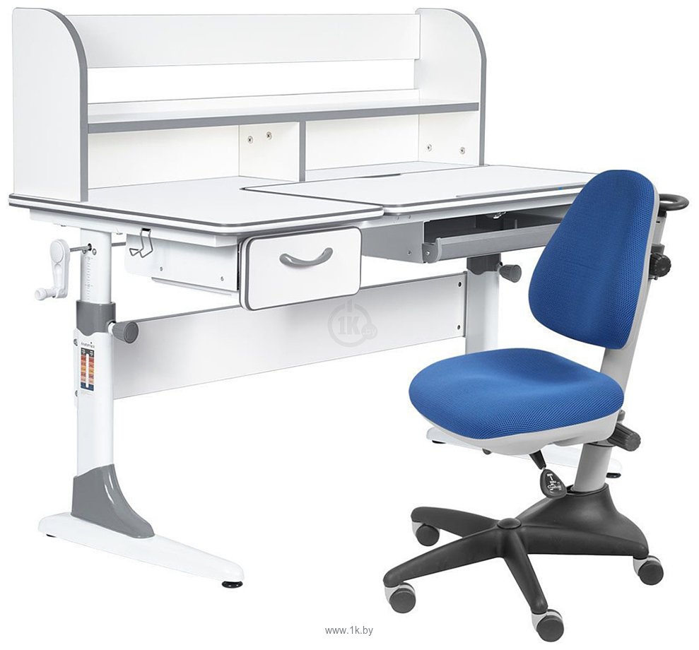Фотографии Anatomica Study-120 Lux + надстройка + органайзер + ящик с синим креслом Бюрократ KD-2 (белый/серый)