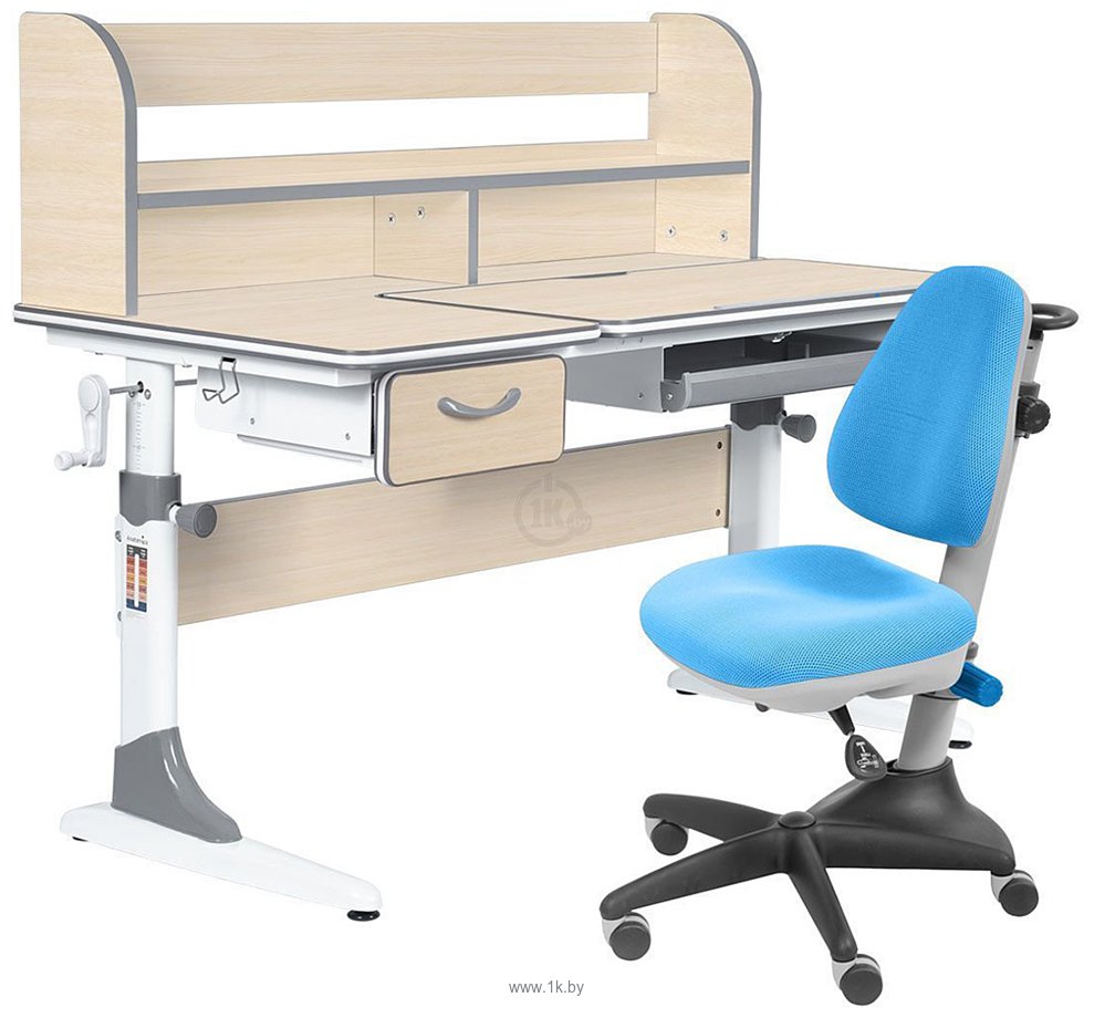 Фотографии Anatomica Study-120 Lux + надстройка + органайзер + ящик с голубым креслом Бюрократ KD-2 (клен/серый)