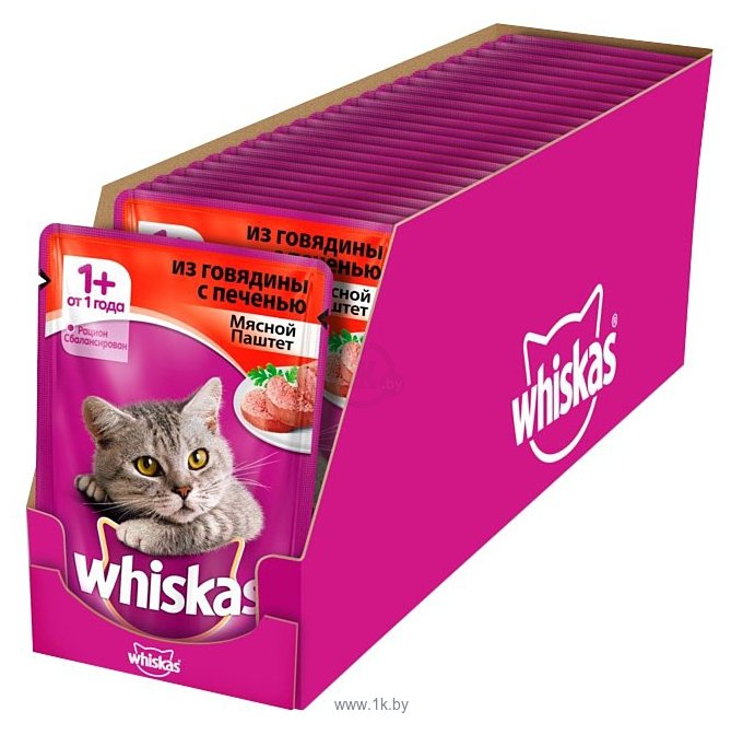 Фотографии Whiskas Мясной паштет из говядины с печенью для взрослых кошек (0.085 кг) 24 шт.