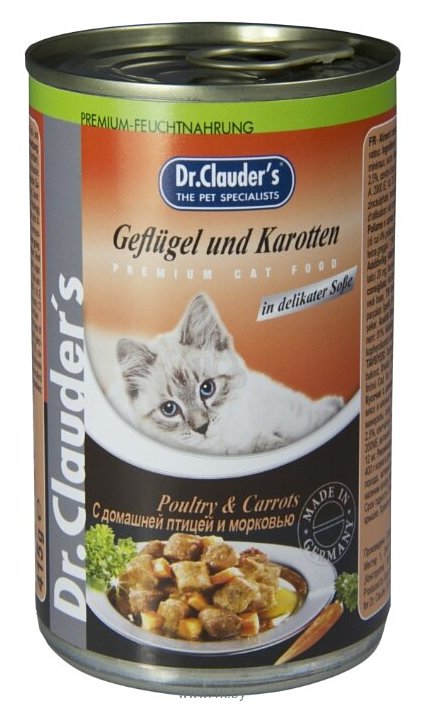 Фотографии Dr. Clauder's Premium Cat Food консервы домашняя птица с морковью (0.415 кг) 1 шт.
