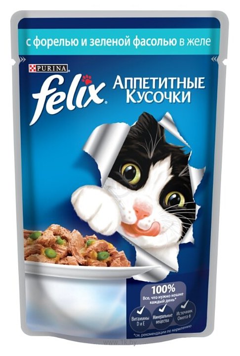 Фотографии Felix (0.085 кг) 24 шт. Аппетитные кусочки с Форелью и зеленой фасолью в желе