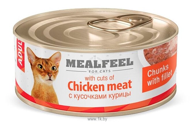 Фотографии MEALFEEL (0.085 кг) 1 шт. Мясные кусочки курицы с филе для взрослых кошек консервы