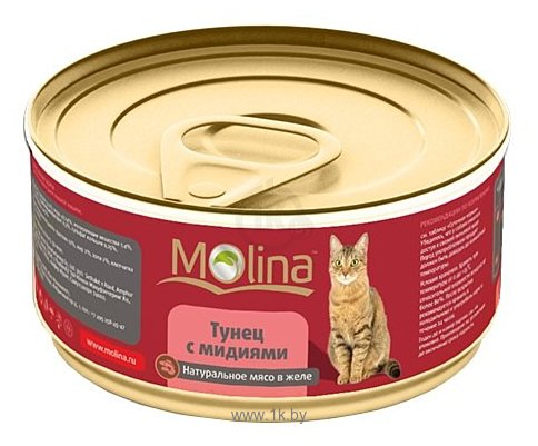 Фотографии Molina (0.085 кг) 12 шт. Консервы для кошек Тунец с мидиями в желе