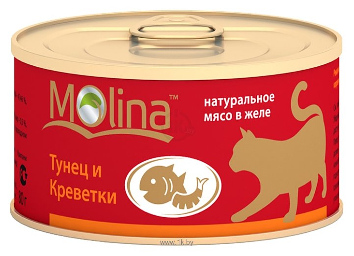 Фотографии Molina (0.08 кг) 12 шт. Консервы для кошек Тунец и креветки