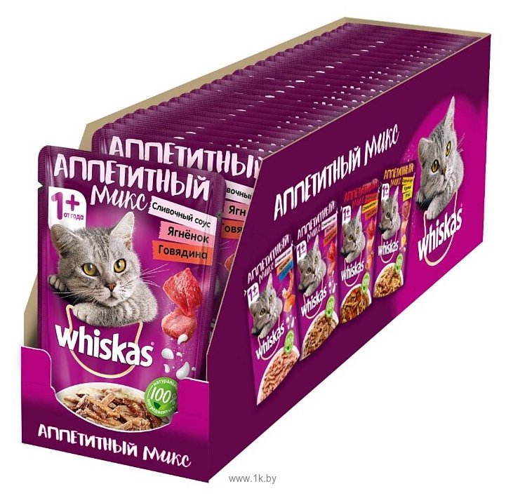 Фотографии Whiskas Аппетитный микс с сливочным соусом, ягненком и говядиной 24 шт. (0.085 кг)