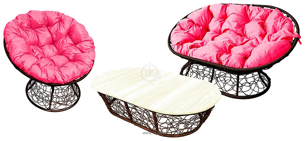 Фотографии M-Group Мамасан, Папасан и стол 12140208 (коричневый ротанг/розовая подушка)