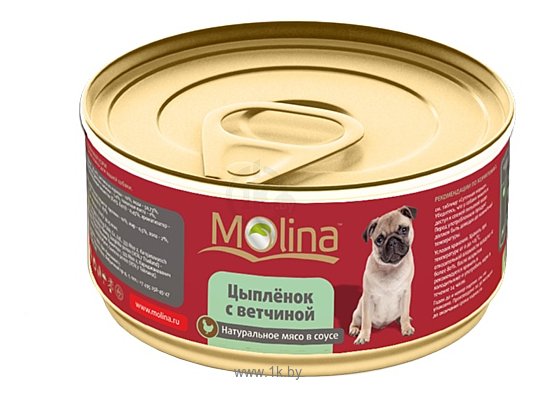 Фотографии Molina (0.085 кг) 4 шт. Консервы для собак Цыпленок с ветчиной в соусе