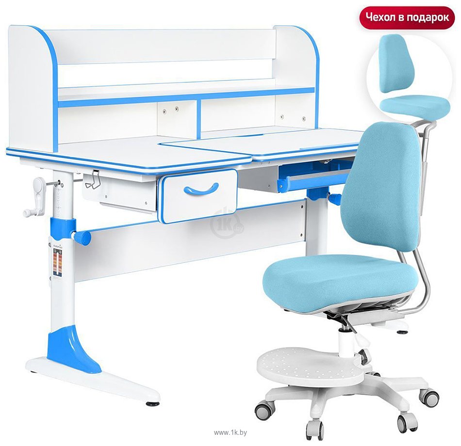 Фотографии Anatomica Study-120 Lux + надстройка + органайзер + ящик со светло-голубым креслом Ragenta (белый/голубой)