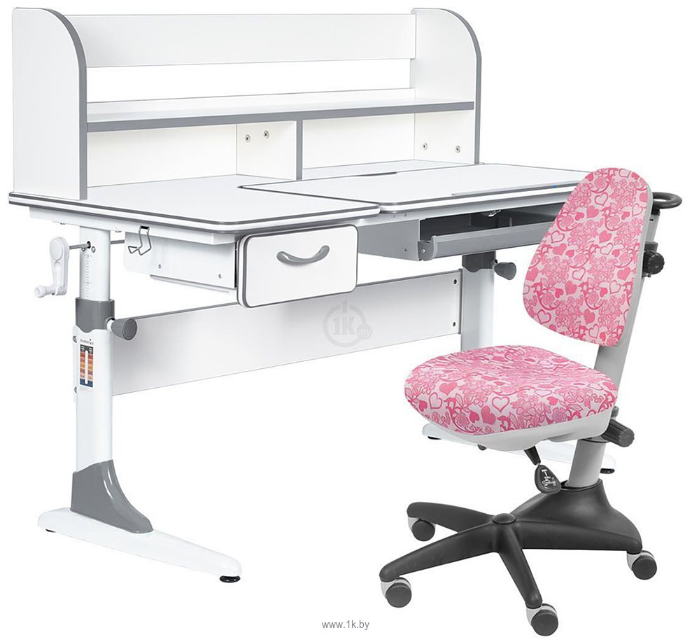 Фотографии Anatomica Study-120 Lux + надстройка + органайзер + ящик с розовым креслом Бюрократ KD-2 с цветами и сердцами (белый/серый)