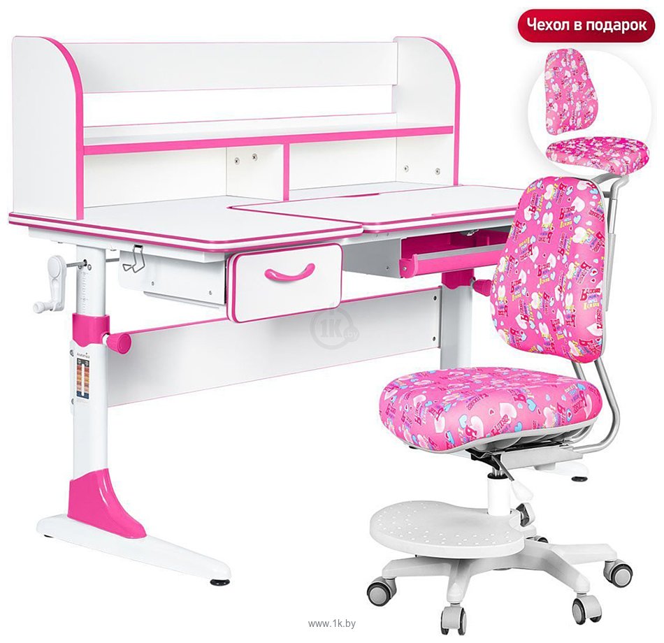 Фотографии Anatomica Study-120 Lux + надстройка + органайзер + ящик с розовым креслом Ragenta с принцессами и сердечками (белый/розовый)