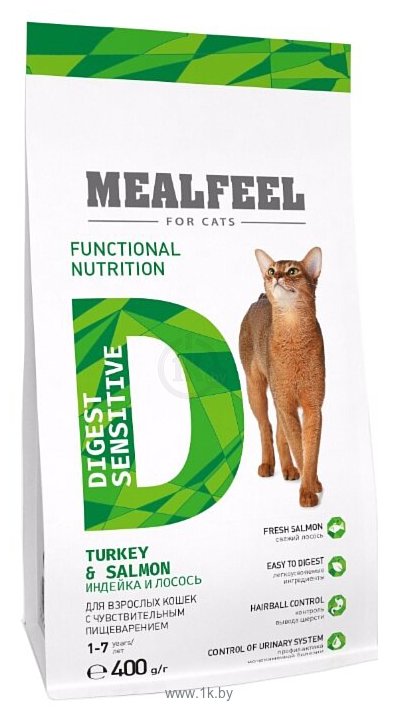 Фотографии MEALFEEL (0.4 кг) Digest Sensitive с индейкой и лососем для взрослых кошек с чувствительным пищеварением сухой