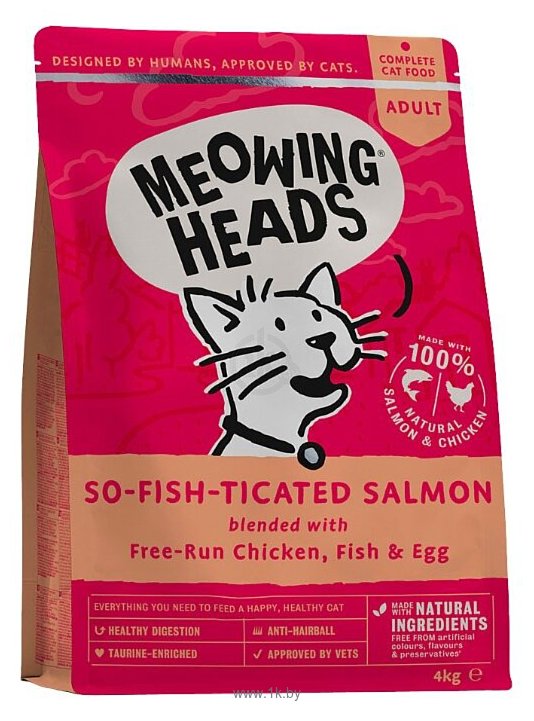 Фотографии Meowing Heads (4 кг) So-fish-ticated Salmon для взрослых кошек, с курицей, рыбой и яйцом