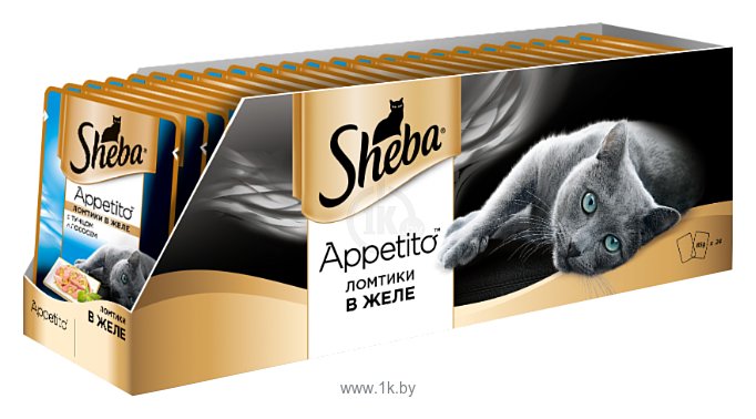 Фотографии Sheba Appetito ломтики в желе с тунцом и лососем (0.085 кг) 24 шт.