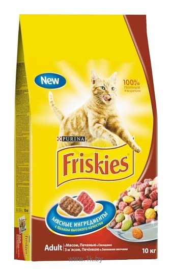 Фотографии Friskies Adult с мясом, печенью и зелеными овощами (10 кг)