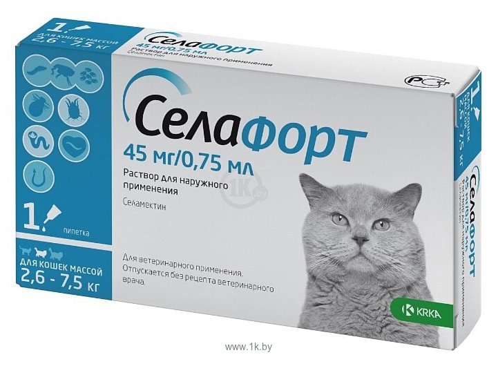 Фотографии KRKA Селафорт Капли от блох, клещей и власоедов 45 мг для кошек массой 2.6-7.5 кг