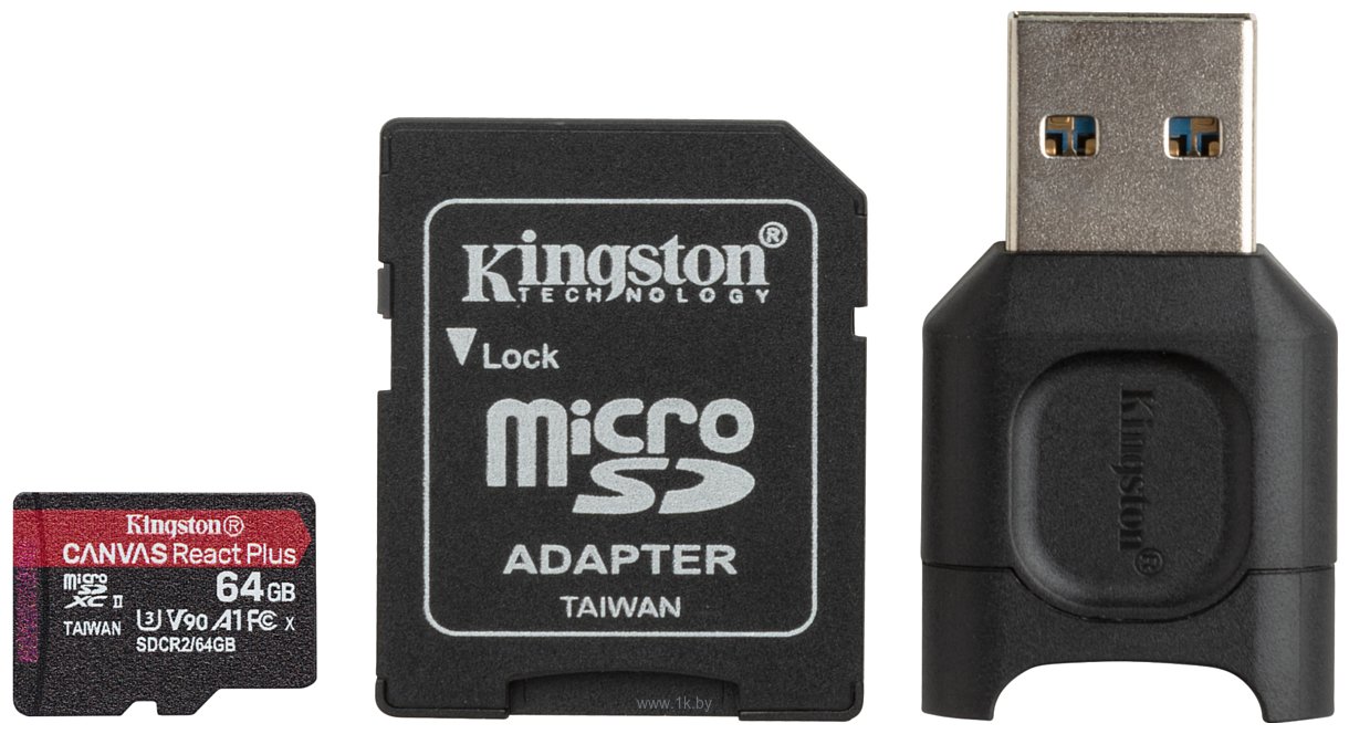 Фотографии Kingston Canvas React Plus microSDXC 64GB (с адаптером и кардридером)