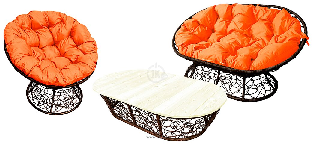 Фотографии M-Group Мамасан, Папасан, стол 12140207 (коричневый ротанг/оранжевая подушка)