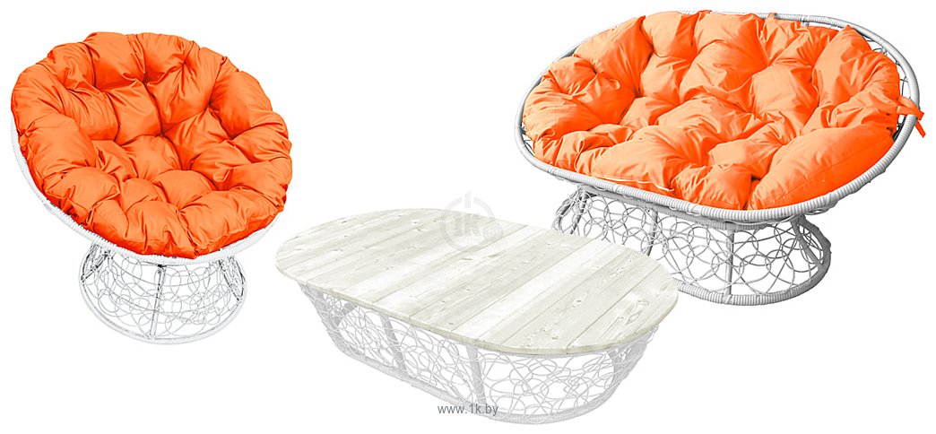 Фотографии M-Group Мамасан, Папасан и стол 12140107 (белый ротанг/оранжевая подушка)
