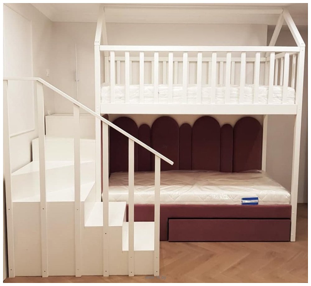 Фотографии Wood_Lida Двухэтажная кровать с мягким низом (белый/бордовый)