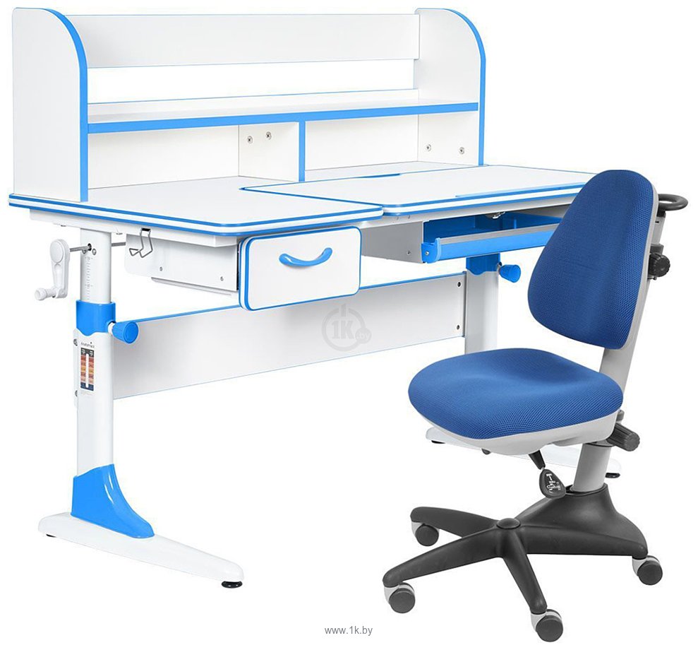 Фотографии Anatomica Study-120 Lux + надстройка + органайзер + ящик с синим креслом Бюрократ KD-2 (белый/голубой)