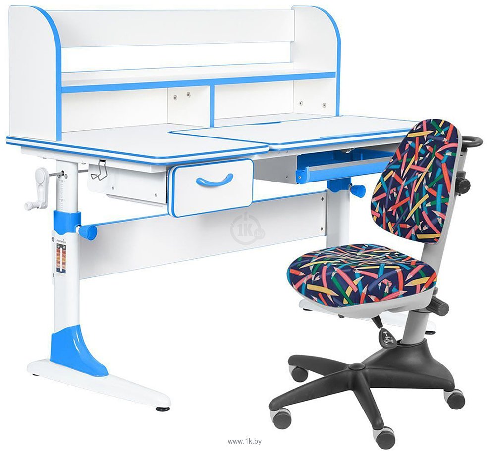 Фотографии Anatomica Study-120 Lux + надстройка + органайзер + ящик с синим креслом Бюрократ KD-2 с карандашами (белый/голубой)