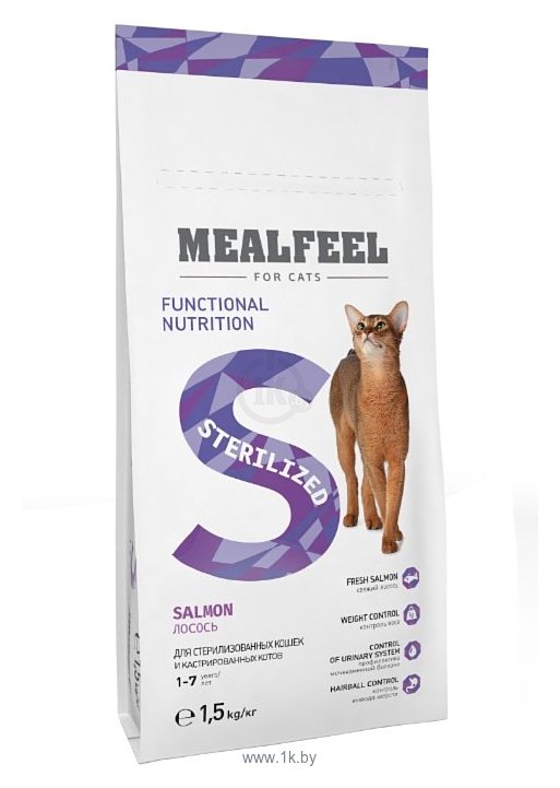 Фотографии MEALFEEL Sterilized с лососем для стерилизованных кошек и кастрированных котов сухой (1.5 кг)