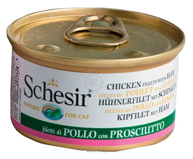Фотографии Schesir (0.085 кг) 1 шт. Кусочки в желе. Куриное филе с ветчиной для кошек