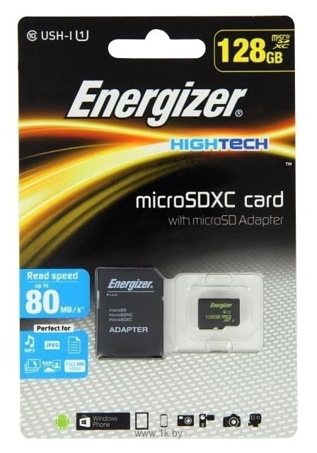 Фотографии Energizer microSDXC Class 10 UHS-I U1 80MB/s 128GB + SD adapter