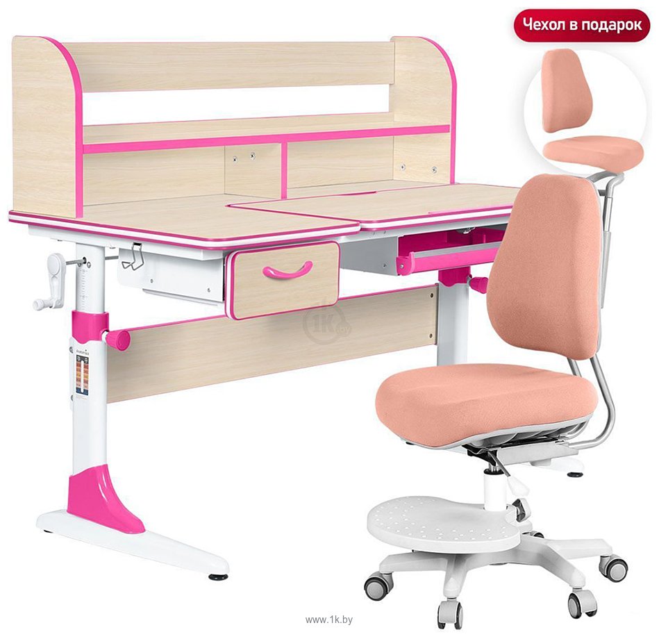 Фотографии Anatomica Study-120 Lux + надстройка + органайзер + ящик со светло-розовым креслом Ragenta (клен/розовый)