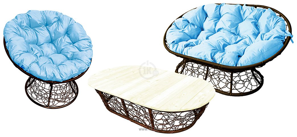 Фотографии M-Group Мамасан, Папасан и стол 12140203 (коричневый ротанг/голубая подушка)