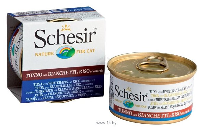 Фотографии Schesir (0.085 кг) 1 шт. Кусочки в собственном соку. Натуральный тунец со снетками и рисом. Консервы для кошек