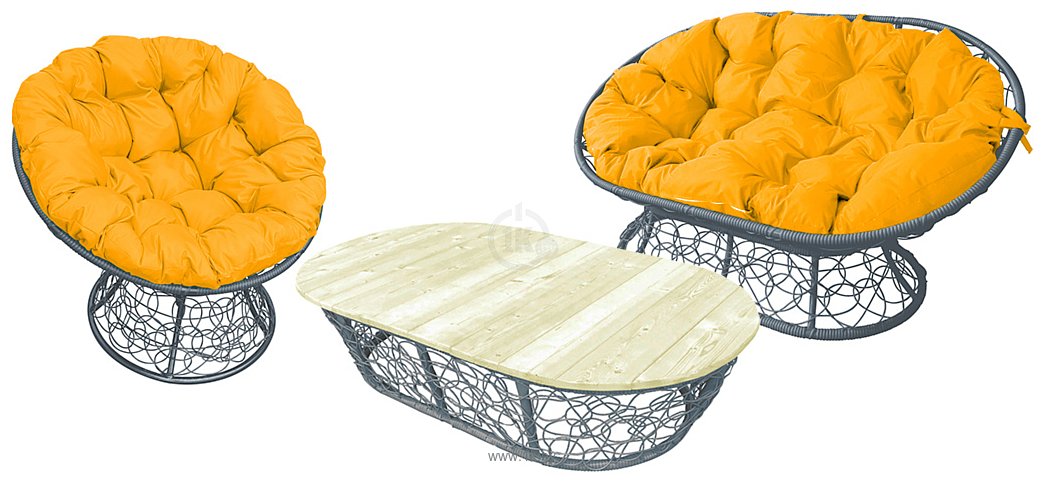 Фотографии M-Group Мамасан, Папасан и стол 12140311 (серый ротанг/желтая подушка)