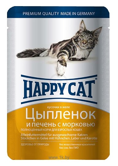 Фотографии Happy Cat Кусочки в желе. Цыпленок и печень с морковью (0.1 кг) 24 шт.