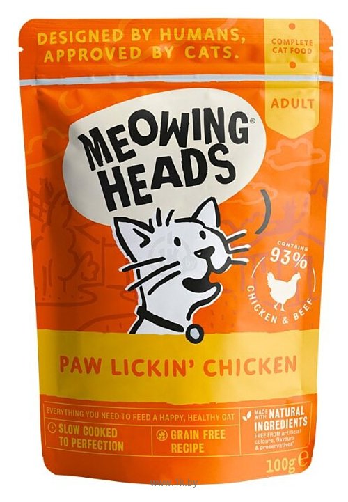 Фотографии Meowing Heads (0.1 кг) Паучи Paw Lickin' Chicken для взрослых кошек, курица