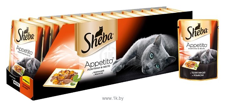 Фотографии Sheba (0.085 кг) 48 шт. Appetito ломтики в желе с телятиной и языком