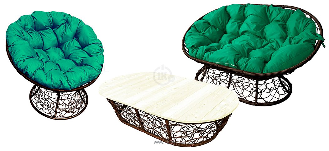Фотографии M-Group Мамасан, Папасан и стол 12140204 (коричневый ротанг/зеленая подушка)
