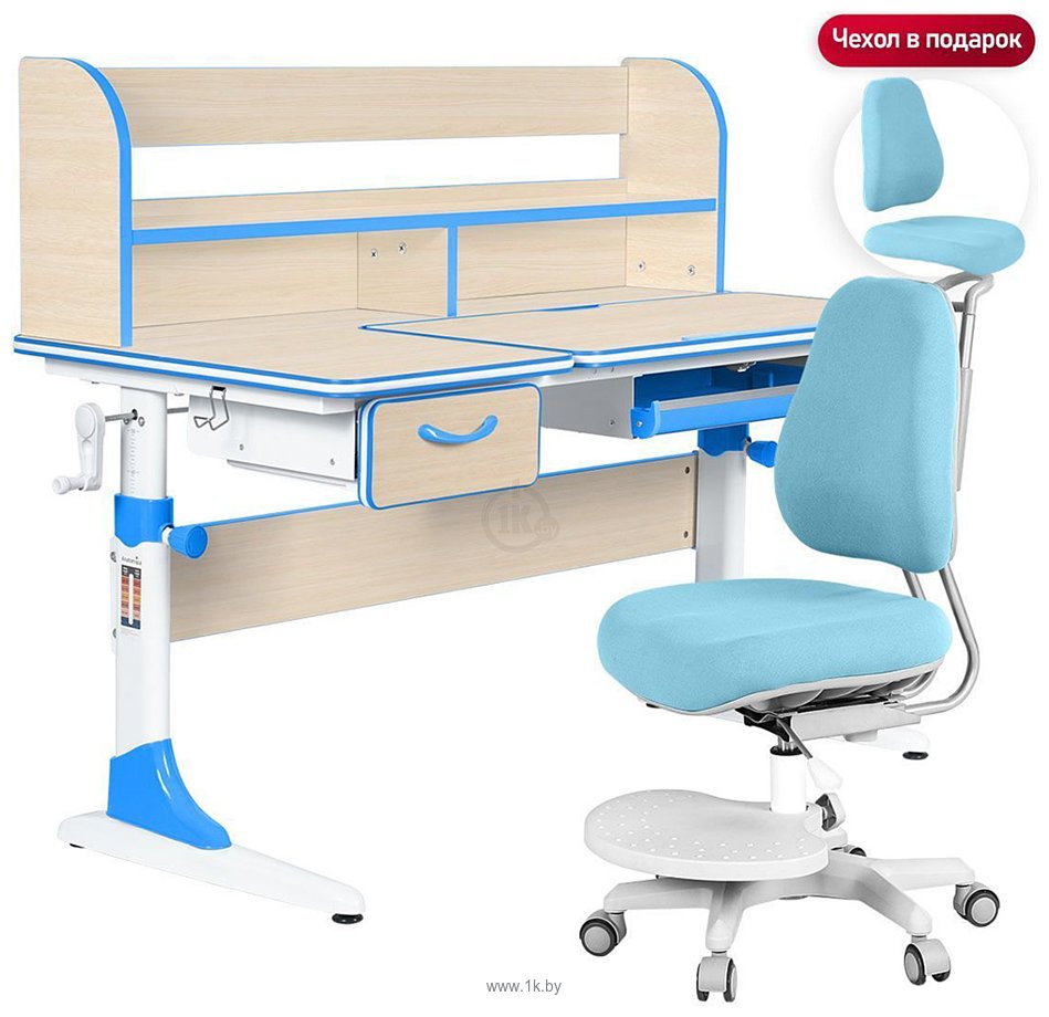 Фотографии Anatomica Study-120 Lux + надстройка + органайзер + ящик со светло-голубым креслом Ragenta (клен/голубой)