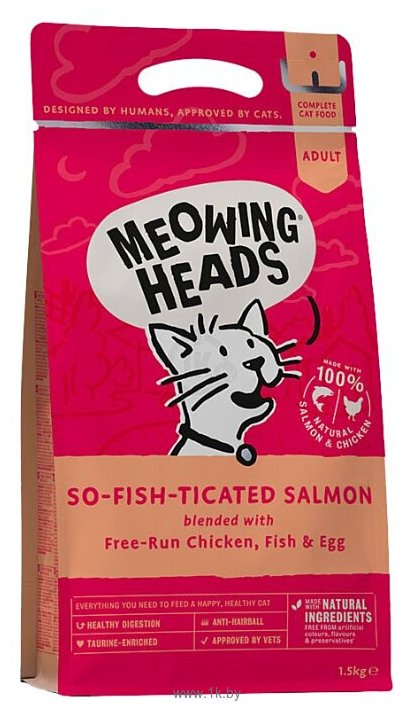 Фотографии Meowing Heads (1.5 кг) So-fish-ticated Salmon для взрослых кошек, с курицей, рыбой и яйцом