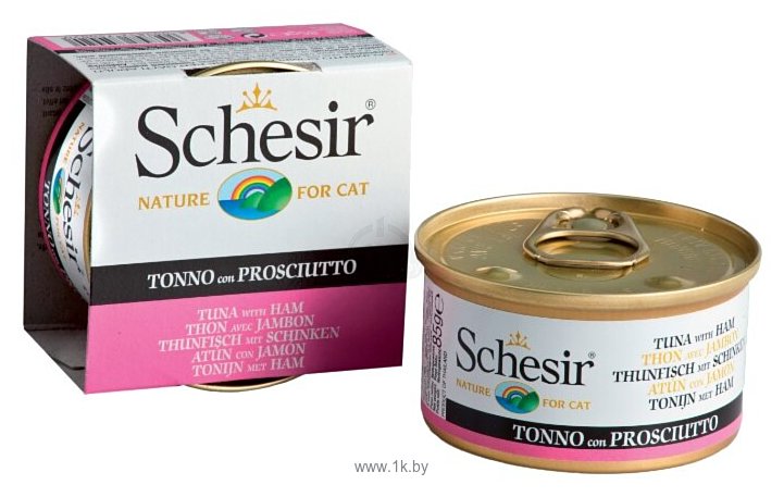 Фотографии Schesir (0.085 кг) 1 шт. Кусочки в желе. Тунец с ветчиной. Консервы для кошек