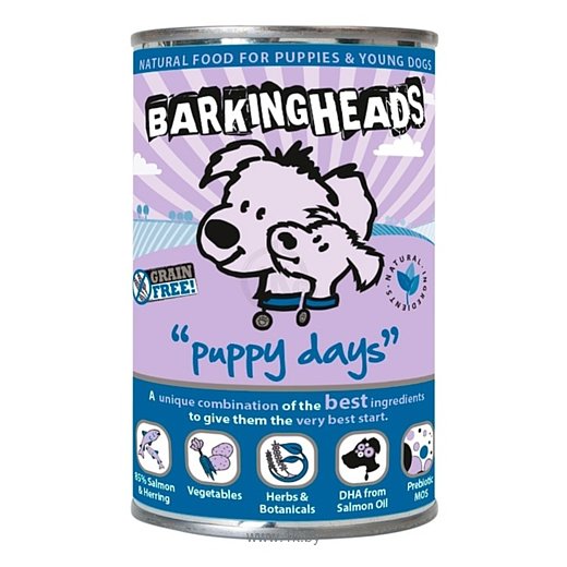 Фотографии Barking Heads (0.4 кг) 6 шт. Консервы для щенков с лососем Щенячьи деньки