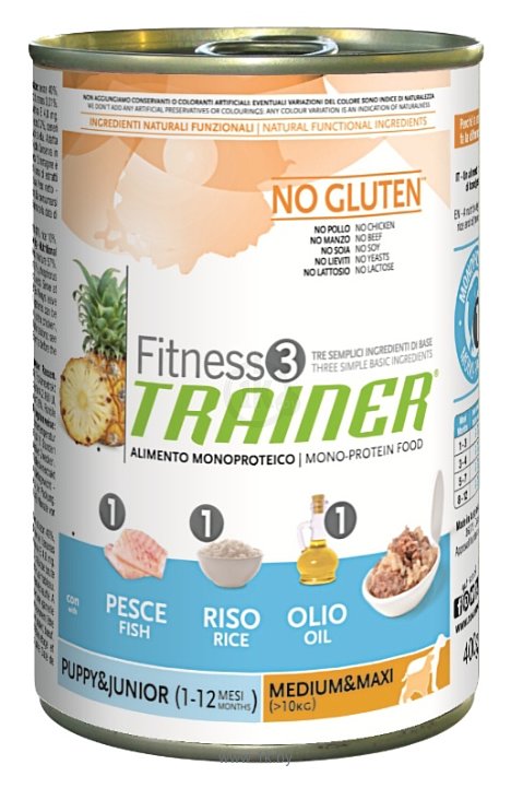 Фотографии TRAINER Fitness3 No Gluten Puppy&Junior Medium&Maxi Fish and rice canned (0.4 кг) 1 шт.
