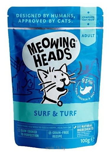 Фотографии Meowing Heads Паучи Surf And Turf для взрослых кошек, сардины, тунец и курица (0.1 кг)