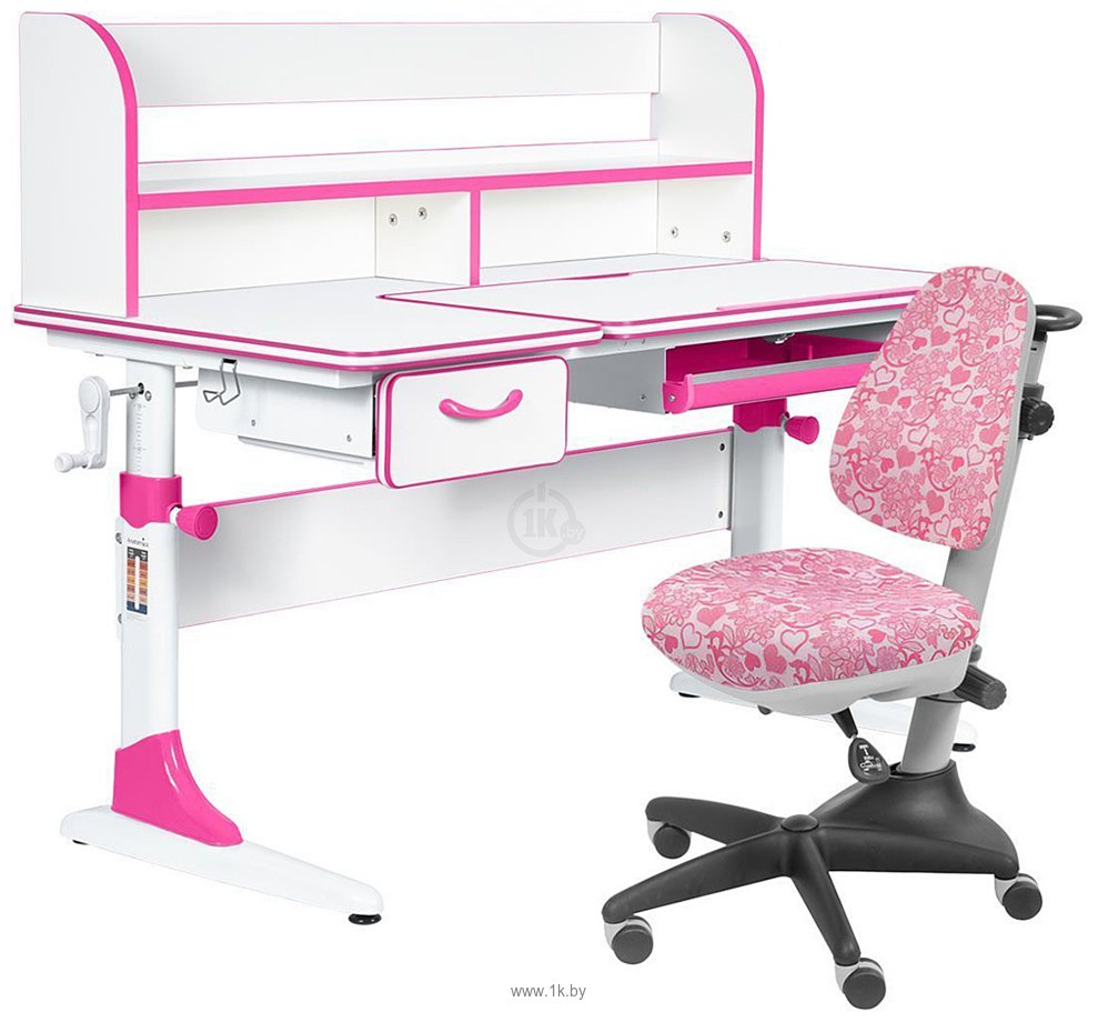 Фотографии Anatomica Study-120 Lux + надстройка + органайзер + ящик с розовым креслом Бюрократ KD-2 с сердцами и цветами (белый/розовый)