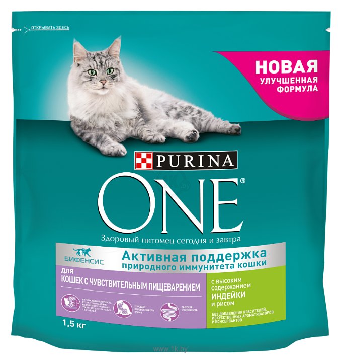 Фотографии Purina ONE Для кошек с чувствительным пищеварением с высоким содержанием Индейки и рисом (1.5 кг)