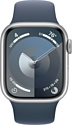Apple Watch Series 9 41 мм (алюминиевый корпус, серебристый/грозовой синий, спортивный силиконовый ремешок S/M)