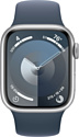 Apple Watch Series 9 41 мм (алюминиевый корпус, серебристый/грозовой синий, спортивный силиконовый ремешок S/M) Apple Watch Series 9 41 мм (алюминиевый корпус, серебристый/грозовой синий, спортивный силиконовый ремешок S/M)