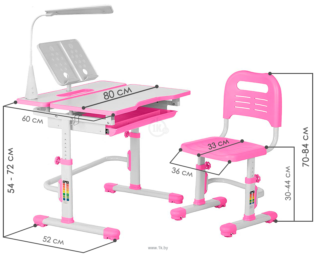 Фотографии Anatomica Amata + стул + выдвижной ящик + подставка + светильник (белый/розовый)