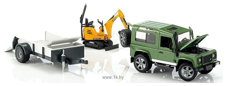 Фотографии Bruder Land Rover Defender with trailer CAT and man 02593