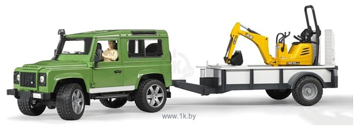 Фотографии Bruder Land Rover Defender with trailer CAT and man 02593