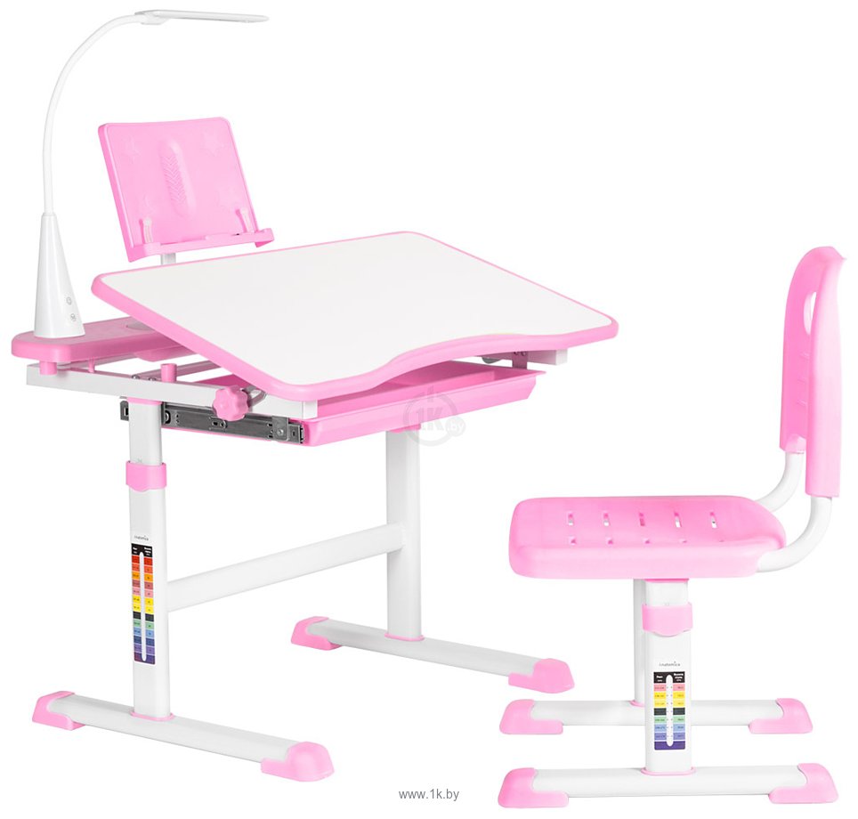 Фотографии Anatomica Avgusta + стул + выдвижной ящик + светильник + подставка (белый/розовый)